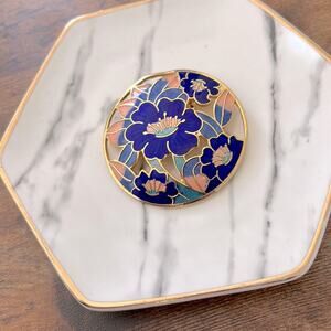 Vintage Cloisonne Enamel Floral Brooch Pin Oriental Flower Multicolor Blue Gold
